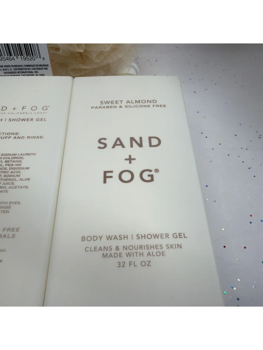 Sand + Fog Sweet Almond Body Wash 32oz 2 Pack Hydrating + Bonus Bath Sponge